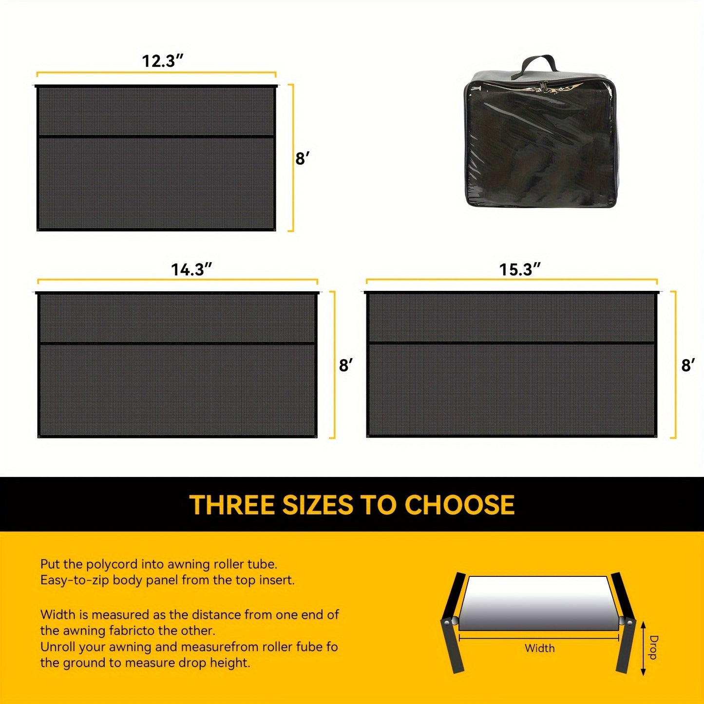 RV Awning Shade Screen With Zipper 14' X 8' - Black Mesh UV Blocker Sun Shade Complete Kits