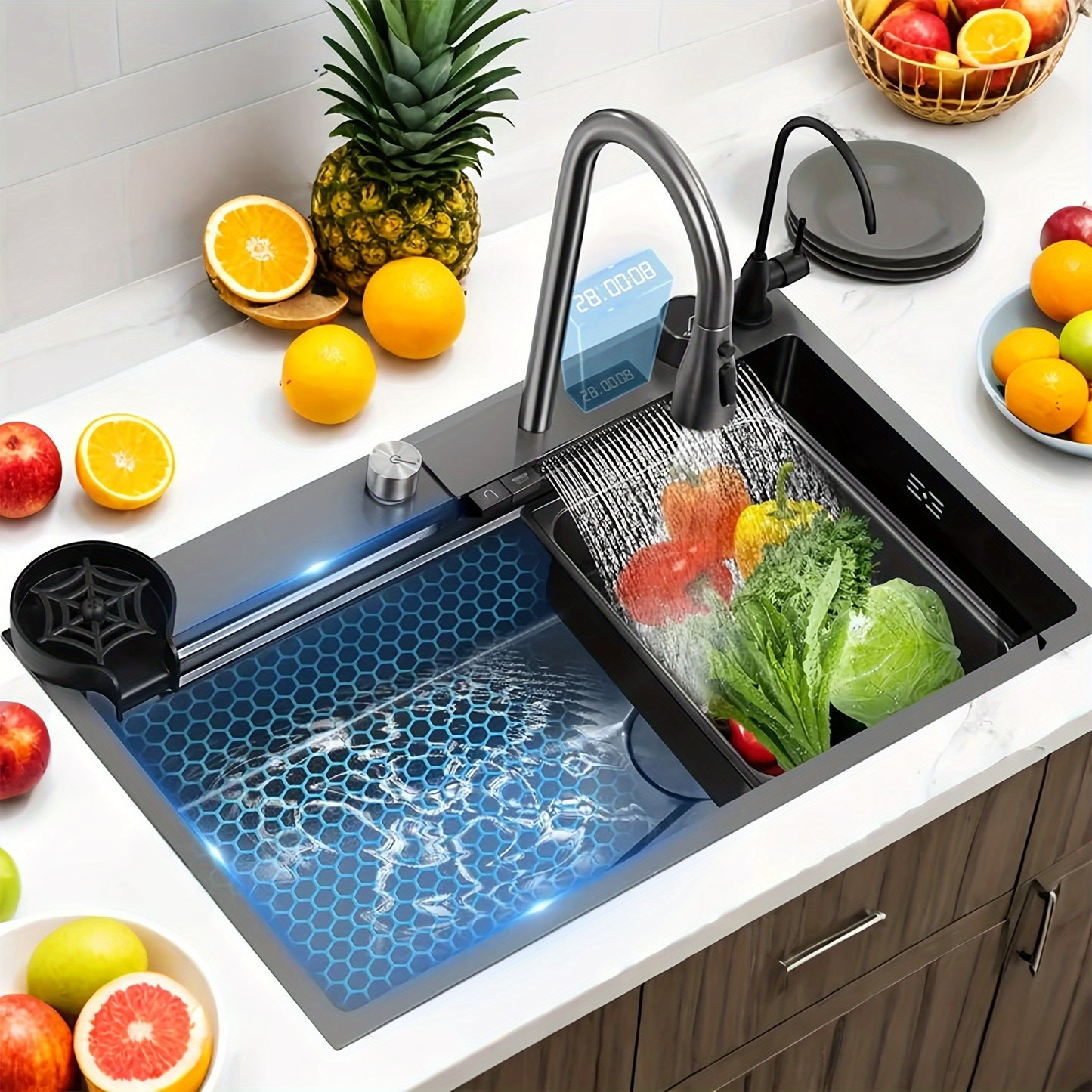 Waterfall Kitchen Sink, 30"/31.5" Drop In Smart Stainless Steel Kitchen Sink With Digital Display And Multifunctional Faucet