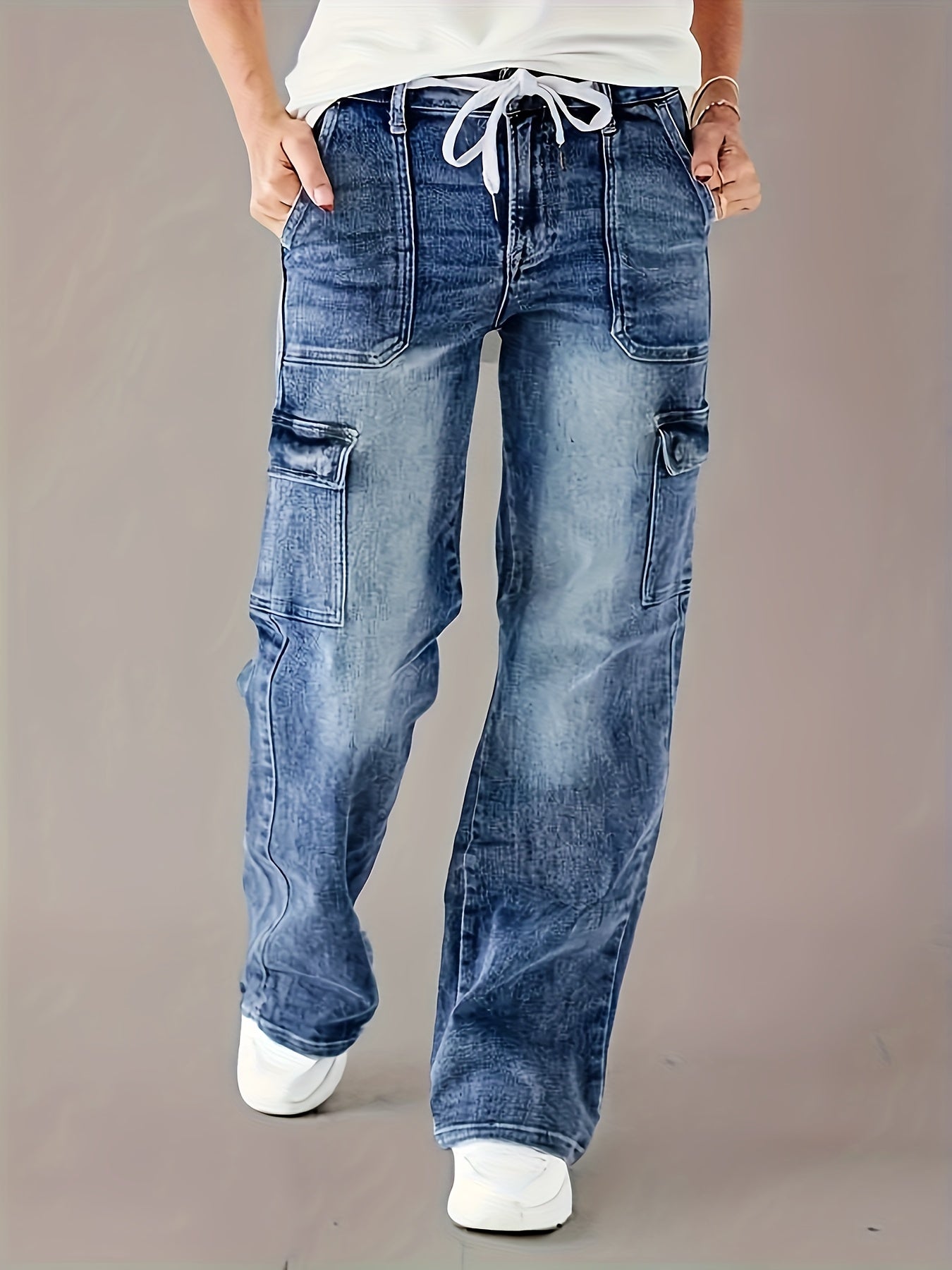 Women's Cargo Jeans - Loose Fit, Slimming Multi-Pocket Design with Drawstring Waist