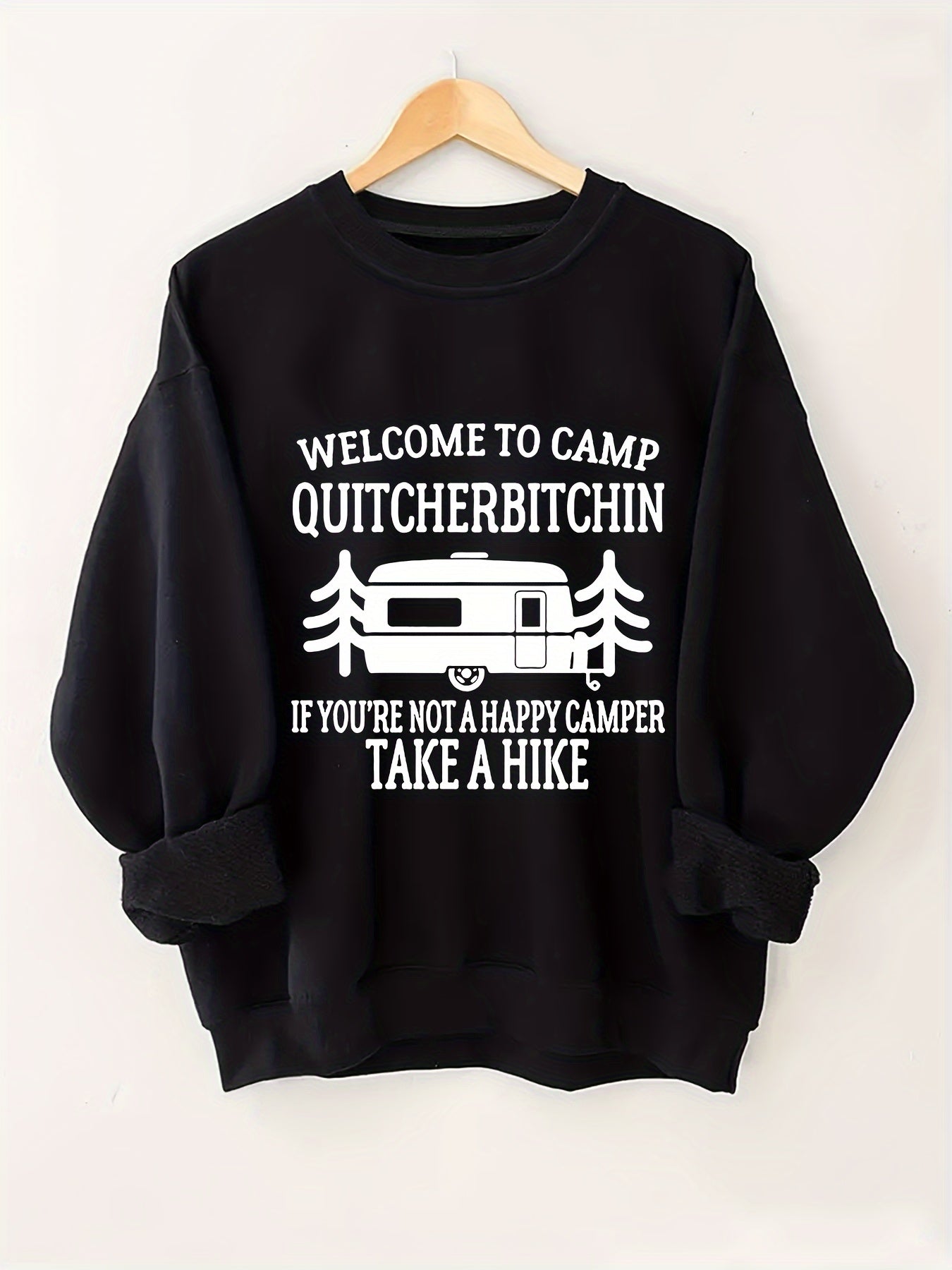 Women's Plus Size Crew Neck Pullover Sweatshirt - Alphabet Print "Welcome to Camp Quitcherbitchin" Graphic