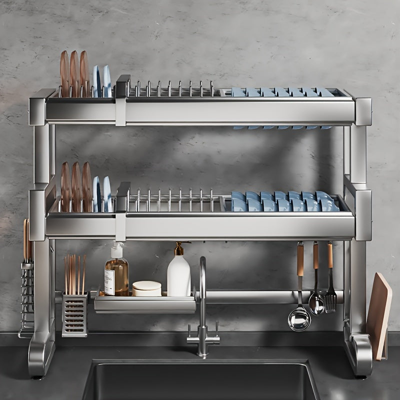 Telescopic 304 Stainless Steel Kitchen Sink Rack, Length Adjustable Cabinet Countertop Sink Dish Storage Rack