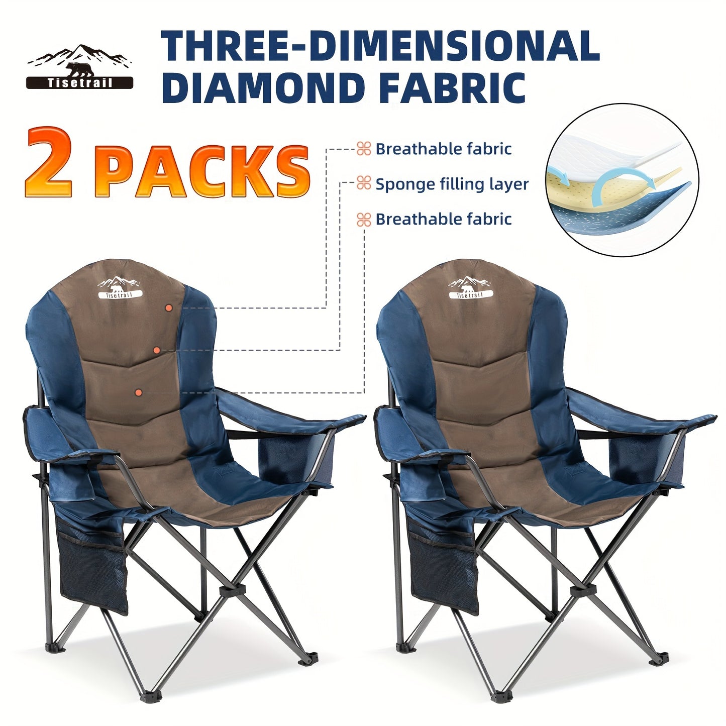 [Portable Camping Chairs] 2pcs High Back Folding Camping Chairs - 400lbs Capacity