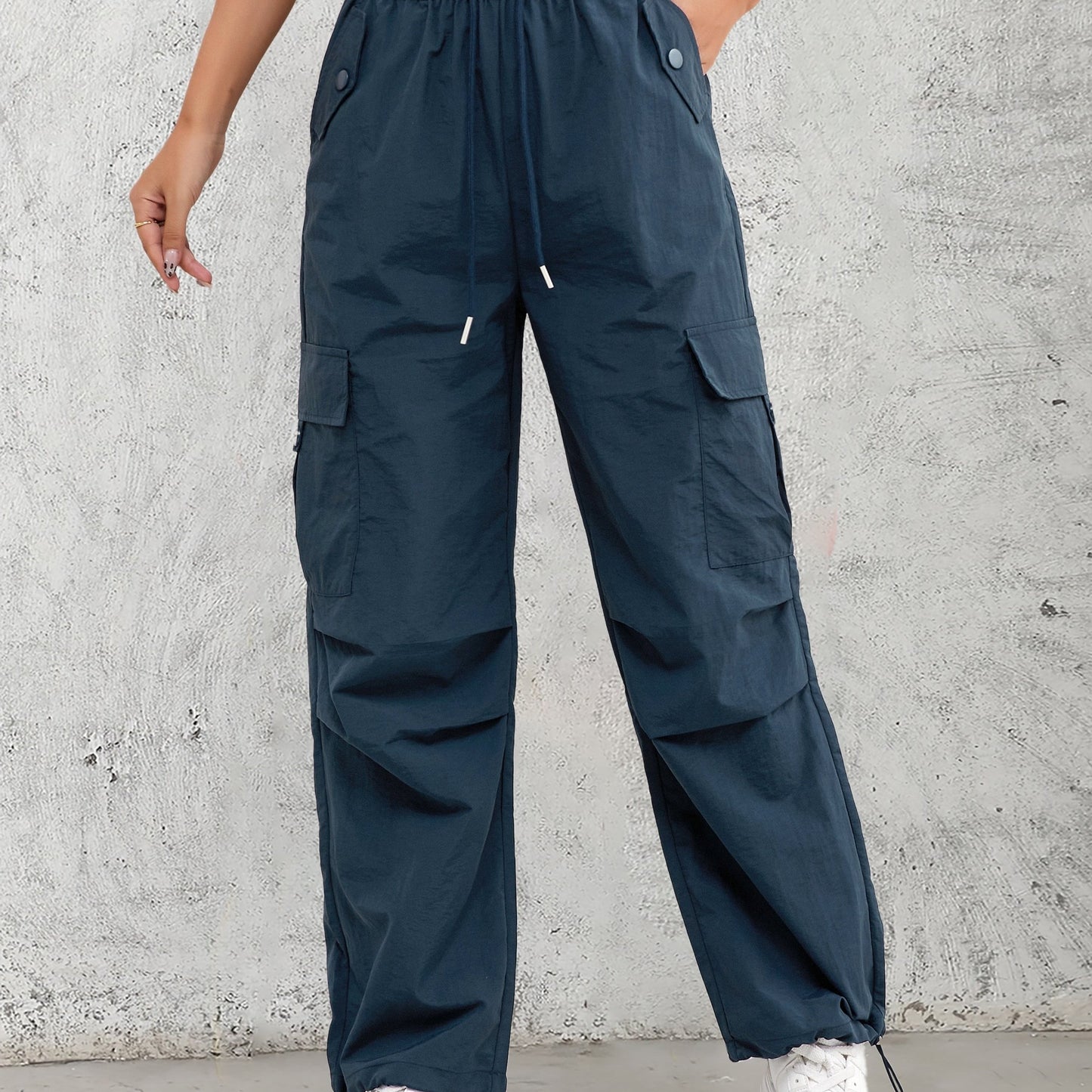 Women's High-Waist Cargo Pants with Elastic Drawstring Waistband, Multi-Pocket Design