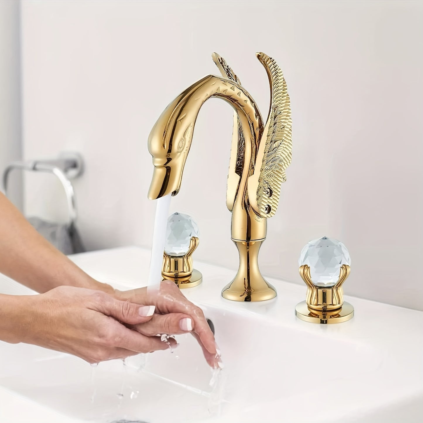 Bathroom Swan Basin Sink Faucet Golden 8-Inch 3 Hole 2 Crystal Handle Deck Mount