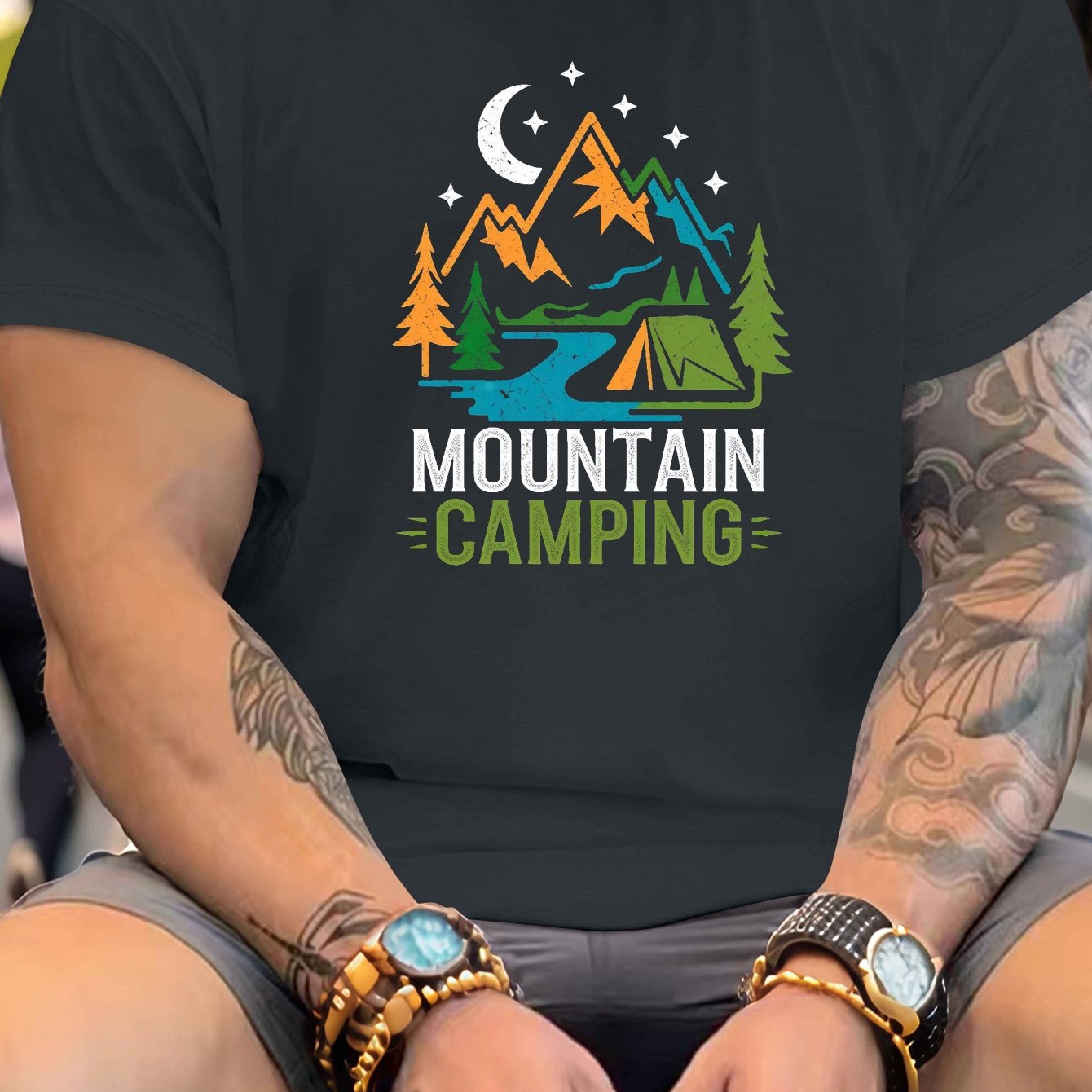 Big & Tall Men's Summer T-Shirt - Mountain Camping Graphic