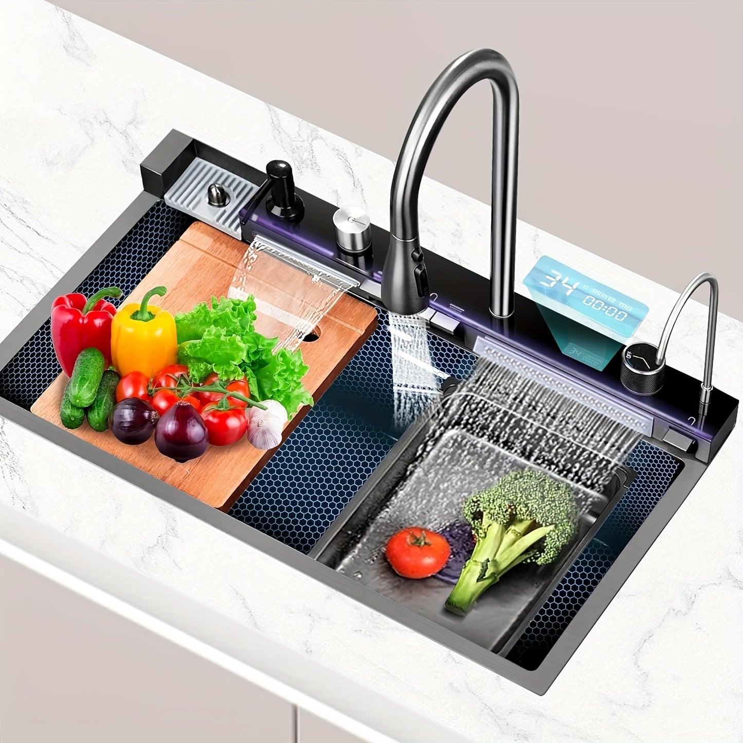 33.5 Inch Stainless Steel Smart Kitchen Sinks, Multifunctional Workstation Kitchen Sink With Digital Display Pull-Out Faucet And Accessories