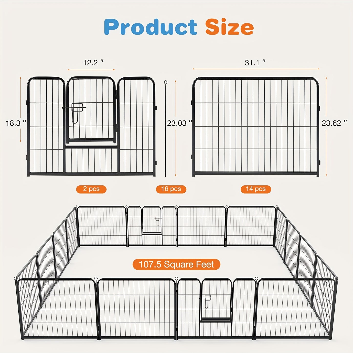 8/16 Panels Dog Playpen Fence for Indoor, Outdoor, Foldable & Portable 24 - 40 Inch Metal Dog Pen