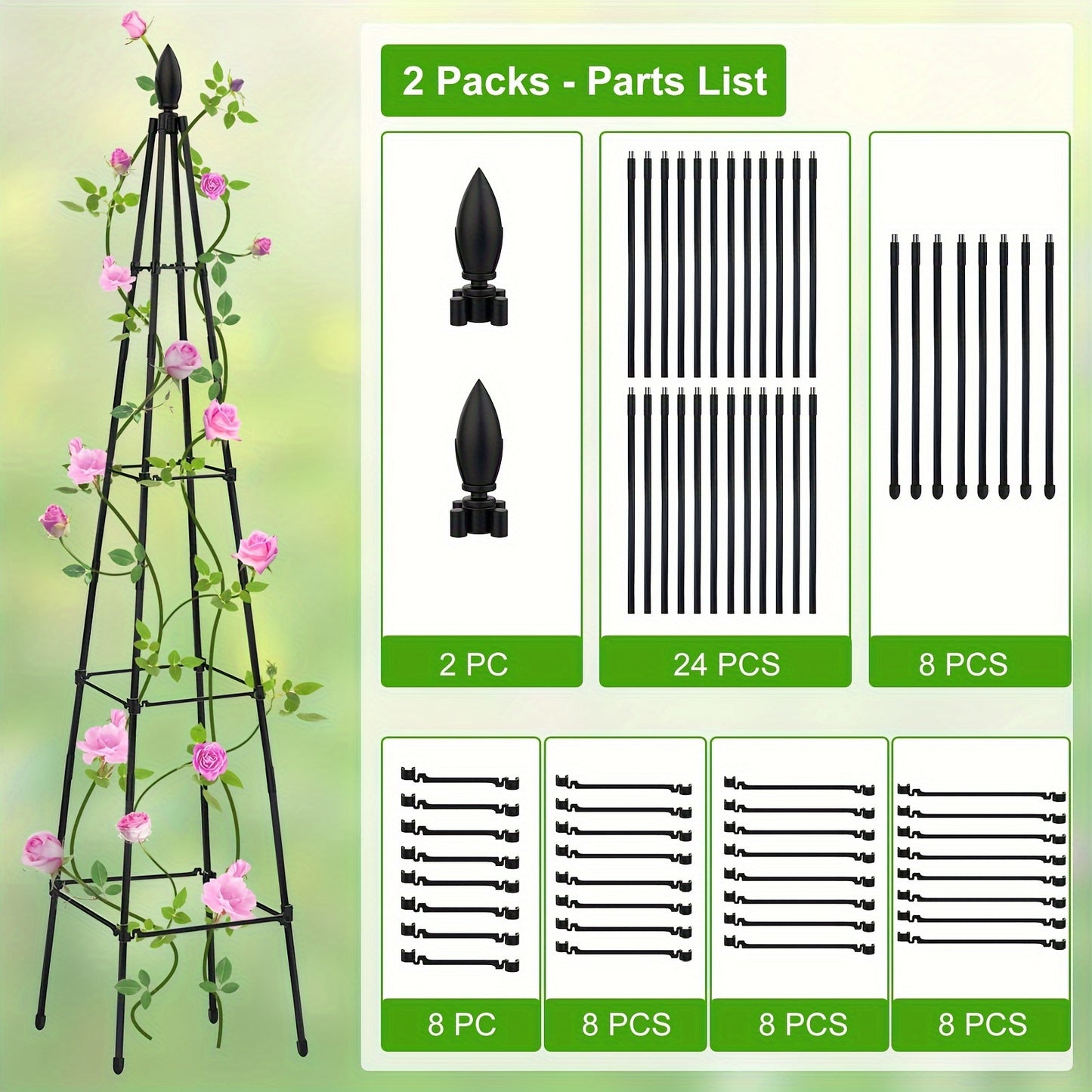 2 Pack Metal & Plastic Garden Obelisk Trellises, 63'', Triangular, Black, For Climbing Plants