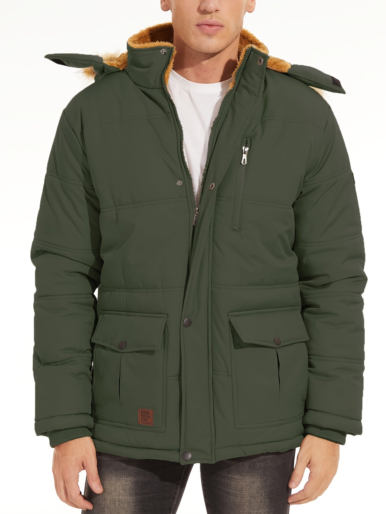 Big And Tall Men's Jacket Winter Full-Zip Fleece Lined Windproof Water-Resistant, Adjustable Hood - 5 Pocket Design Practical Storage Adjustable Cuffs And Hem