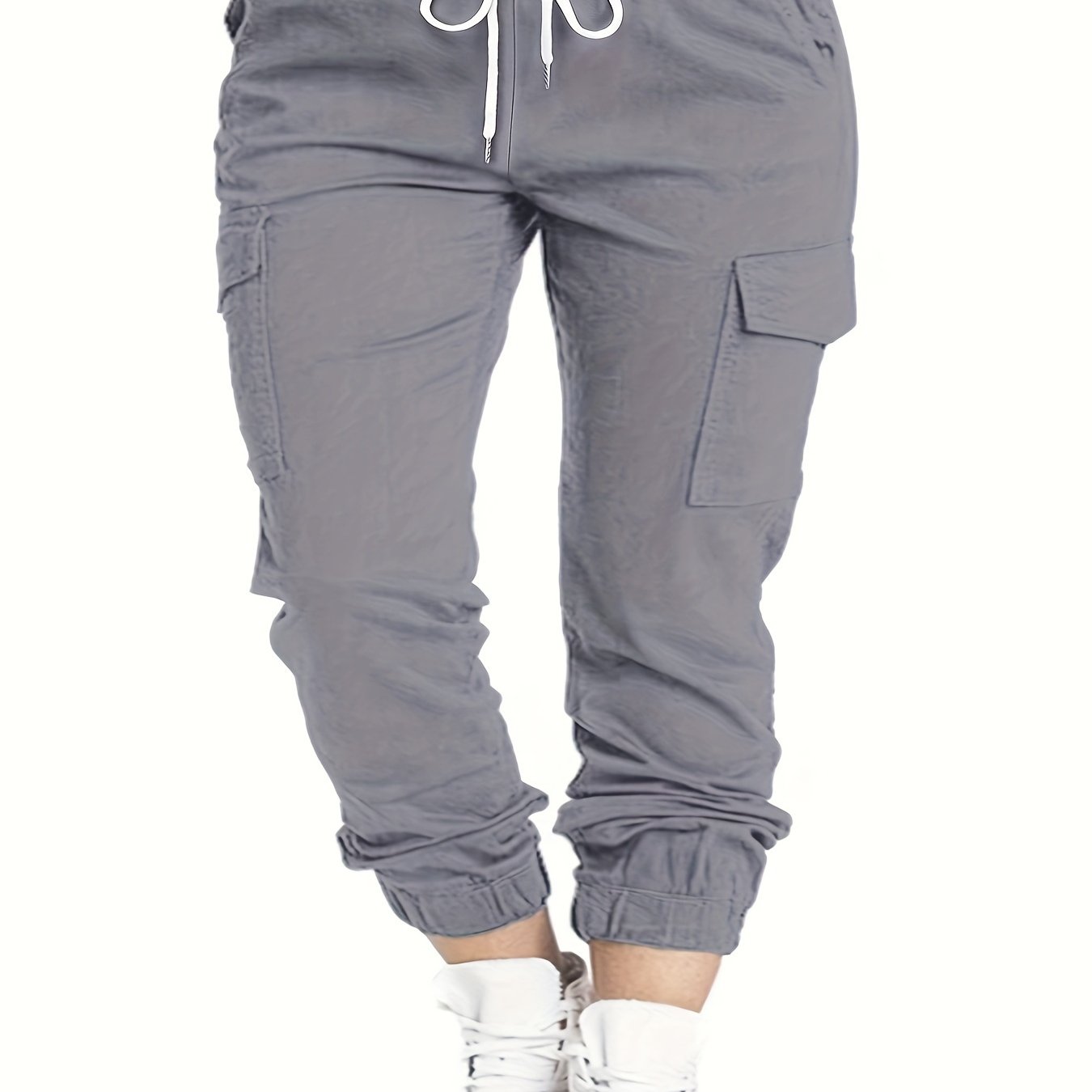 Plus Size Flap Pockets Fitted Bottom Cargo Pants, Drawstring Pants