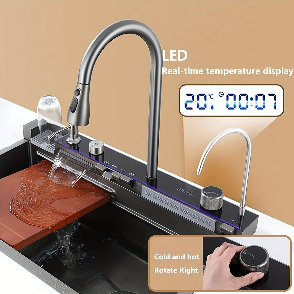 Extra Large Modern Black Stainless Steel Kitchen Sink with Digital Display, Dual Waterfall Design & Cup Holders