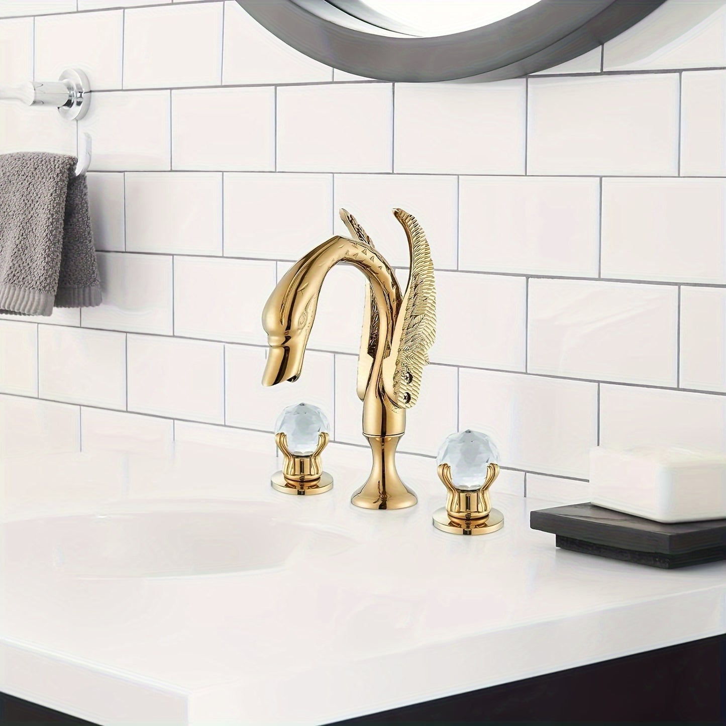 Bathroom Swan Basin Sink Faucet Golden 8-Inch 3 Hole 2 Crystal Handle Deck Mount