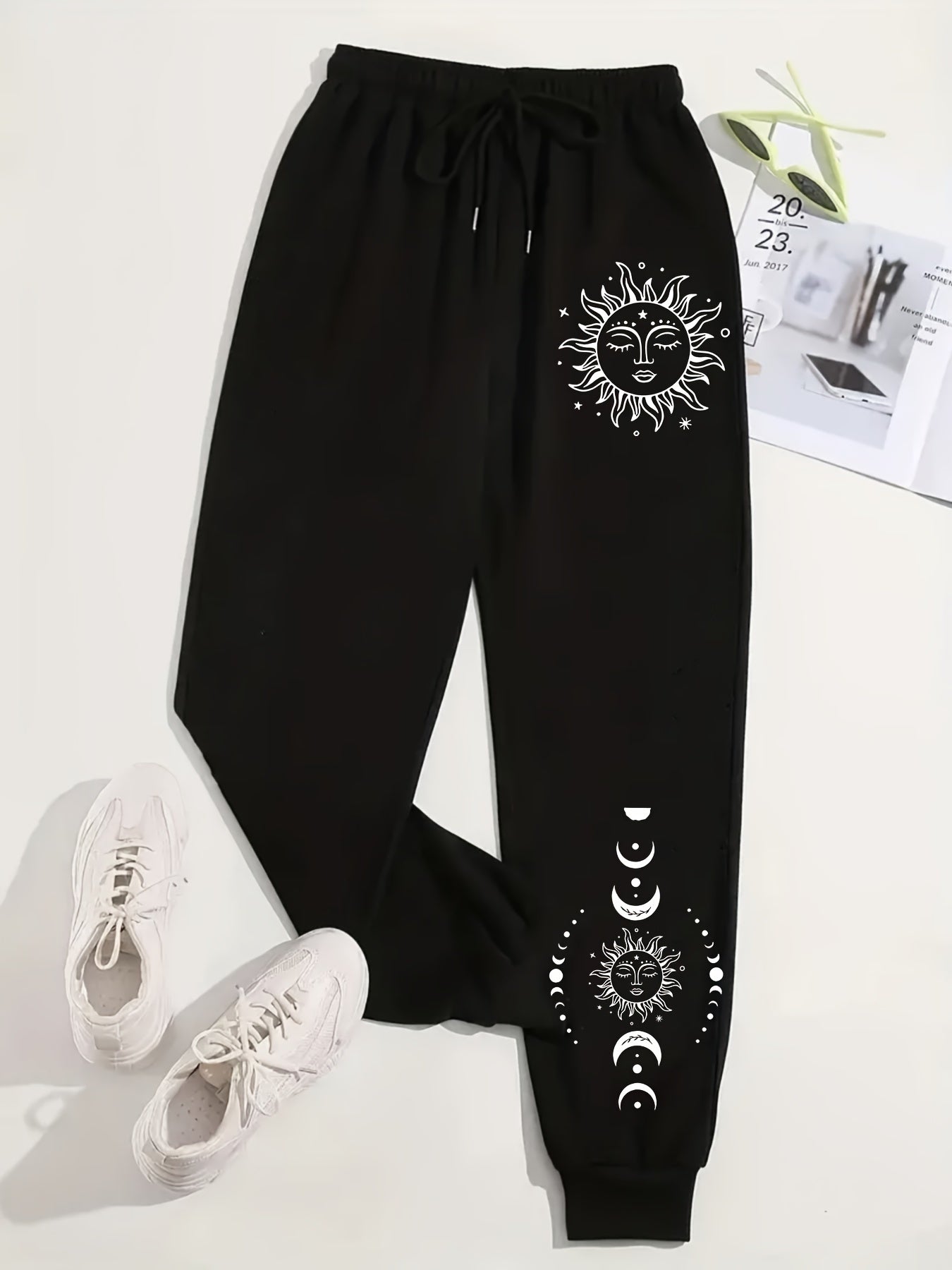 Plus Size Women's Jogger Pants with Sun & Moon Graphics