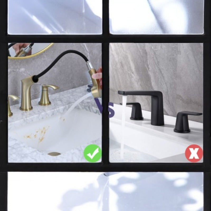 Elegant Golden Widespread Bathroom Sink Faucet with Pull-Out Sprayer