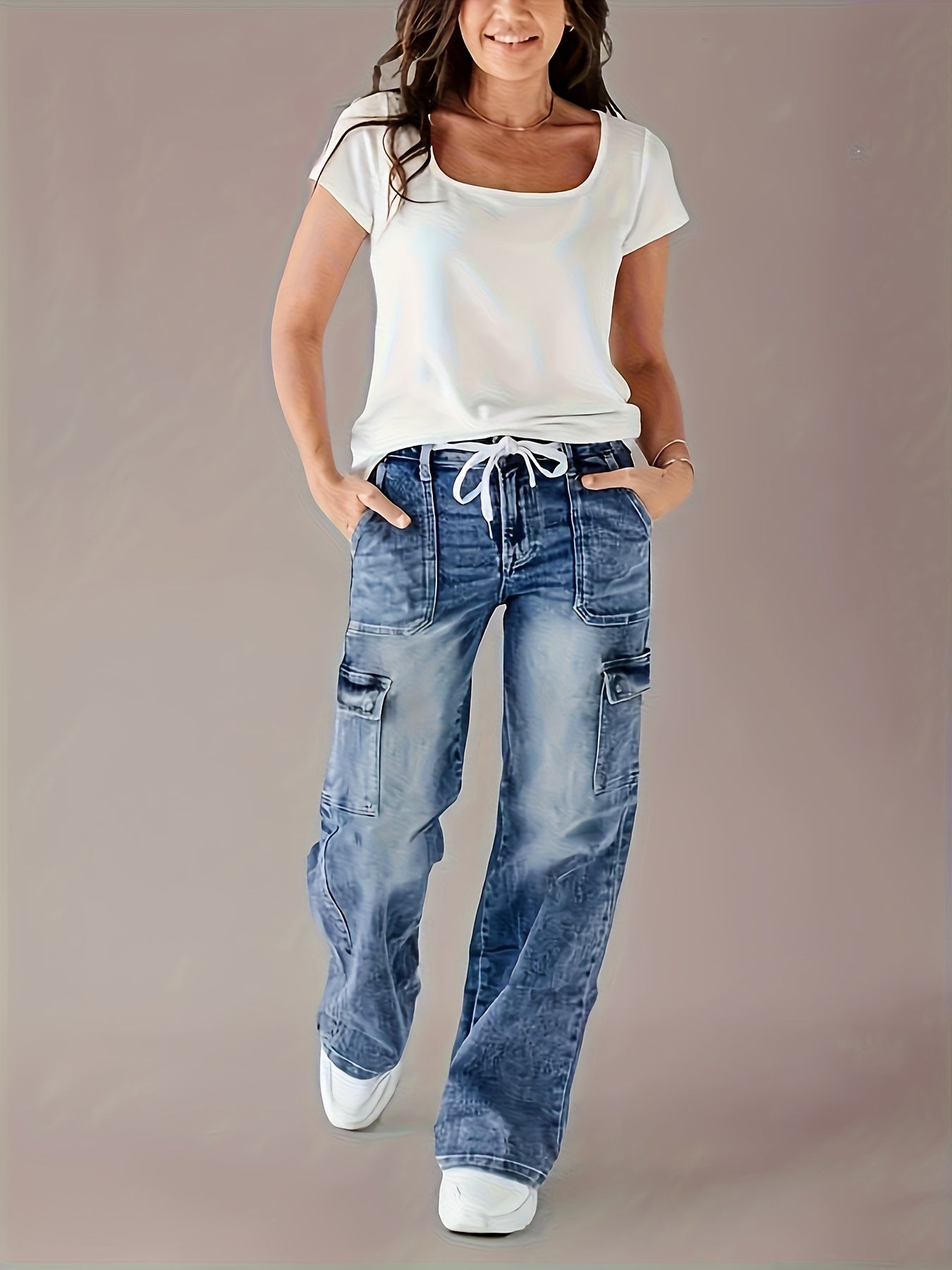 Women's Cargo Jeans - Loose Fit, Slimming Multi-Pocket Design with Drawstring Waist