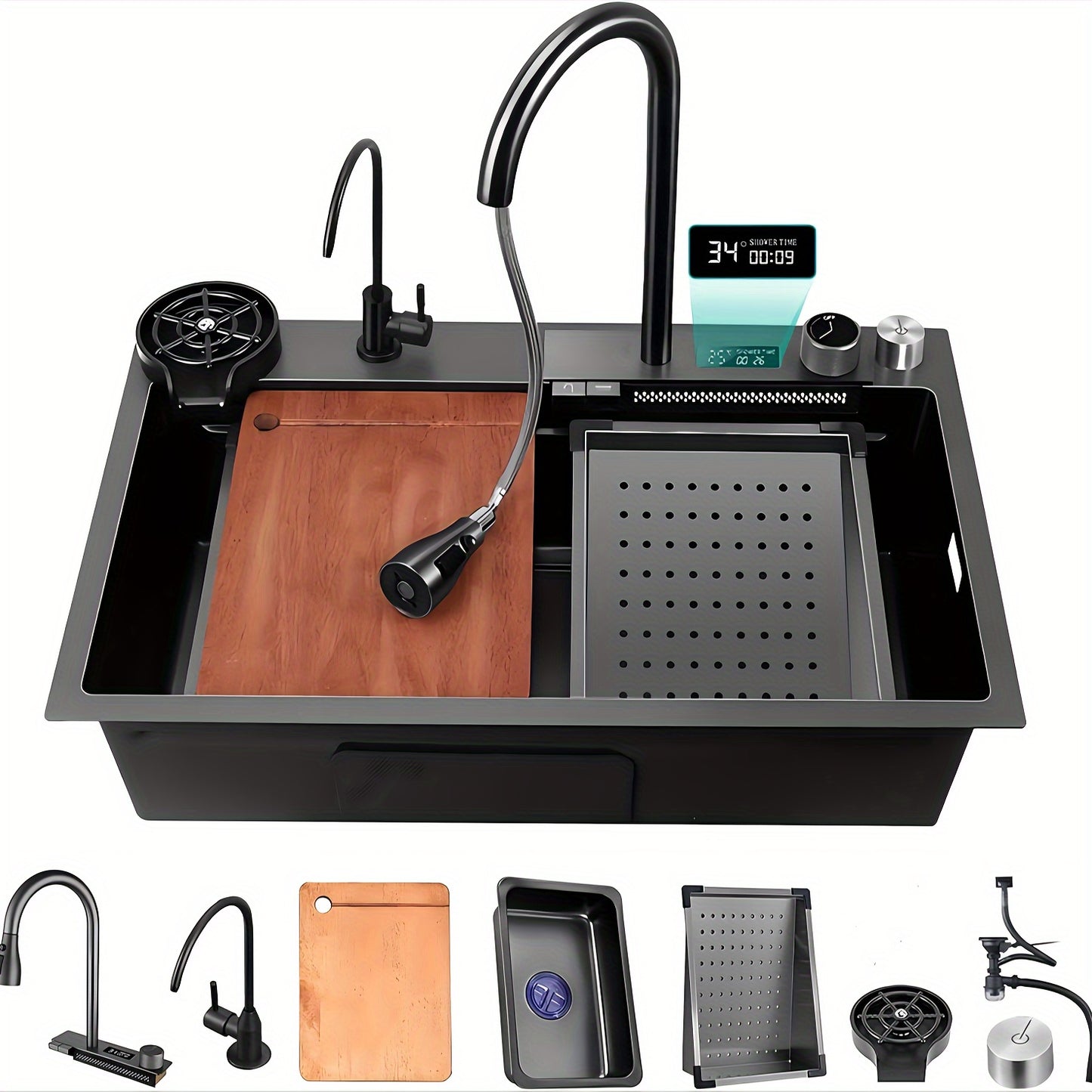 Digital Display Waterfall Sink, Single Bowl Kitchen Sink, Stainless Steel Bar Sink With Pull-down Nozzle Faucet