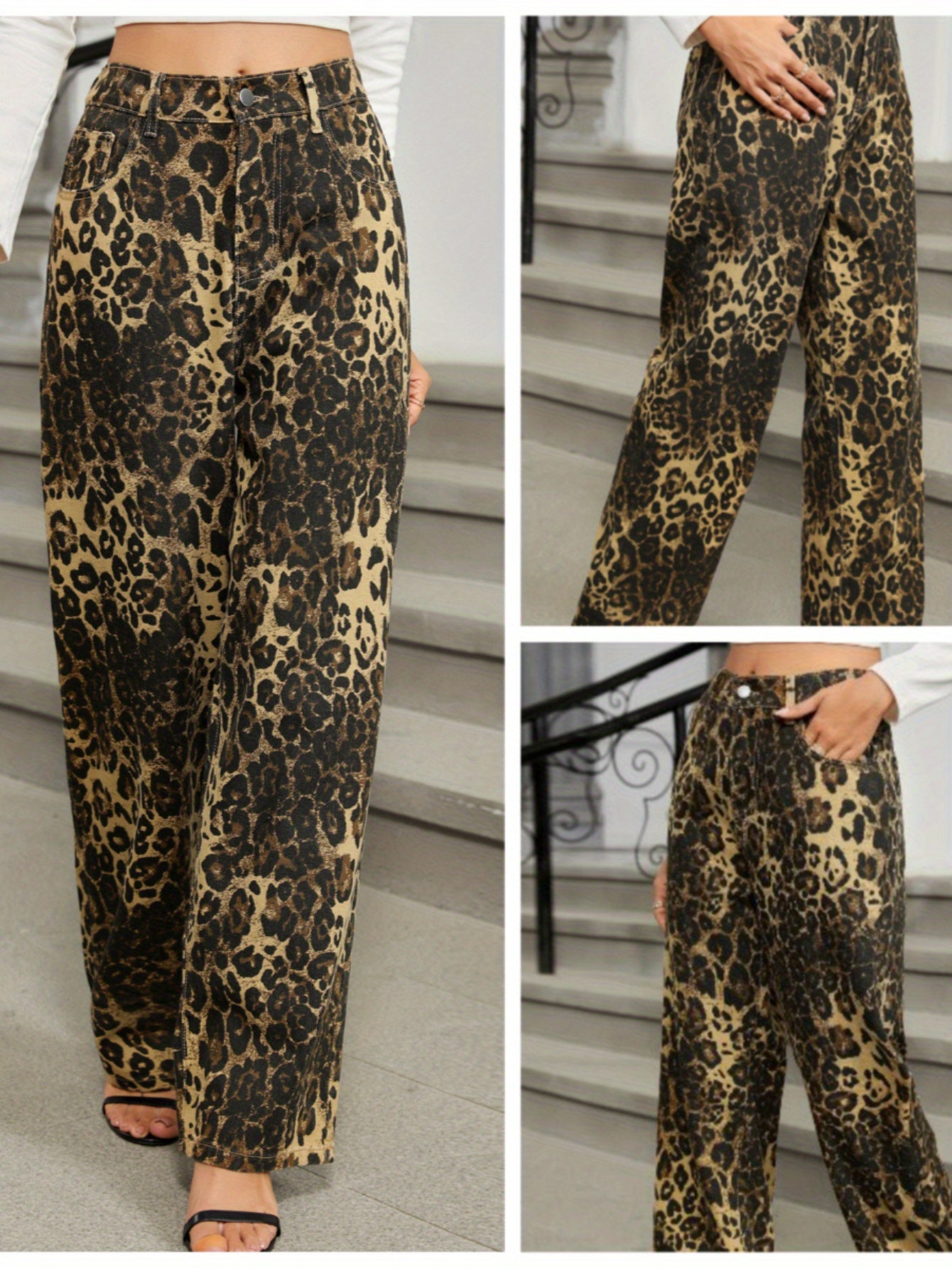 Women's Large Size High Waist Leopard Print Straight Jeans, Built-in Zipper, Comfortable