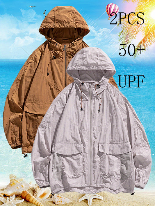Women's Plus Size Solid Color Sun Protection Hooded Jackets with Large Pockets