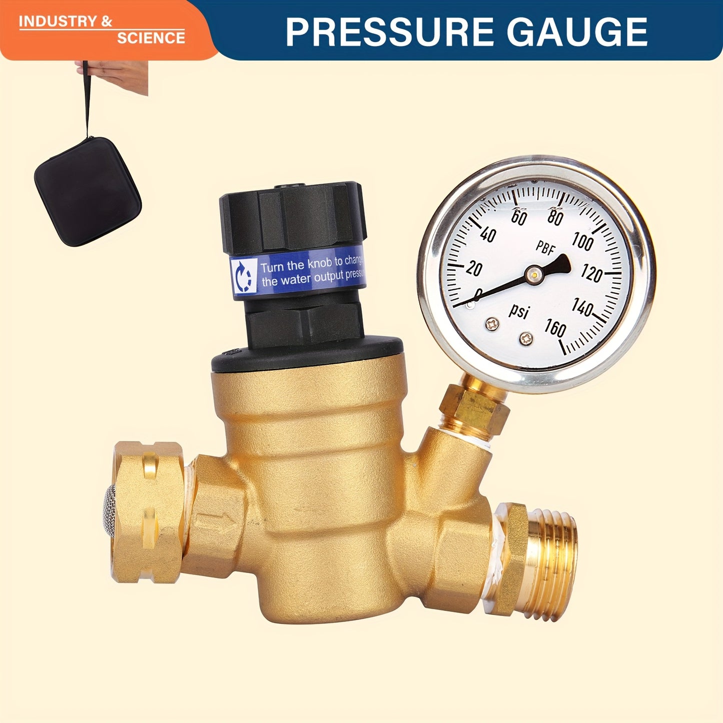 Adjustable Lead Free Brass RV Pressure Regulator, Liquid Filled Pressure Gauge 160psi And Inlet Screened Filter