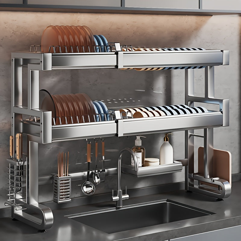 Telescopic 304 Stainless Steel Kitchen Sink Rack, Length Adjustable Cabinet Countertop Sink Dish Storage Rack