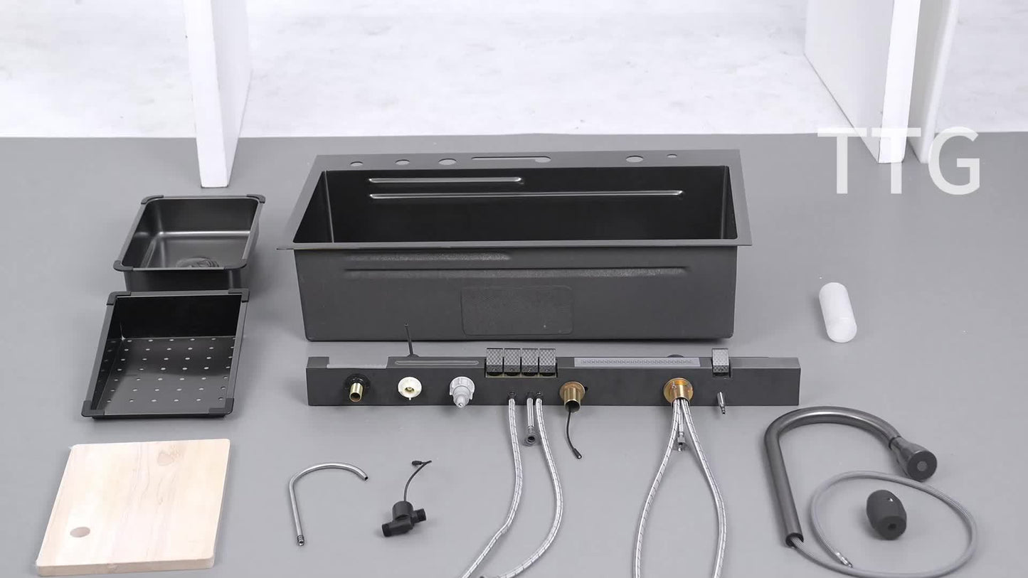 33.5 Inch Stainless Steel Smart Kitchen Sinks, Multifunctional Workstation Kitchen Sink With Digital Display Pull-Out Faucet And Accessories