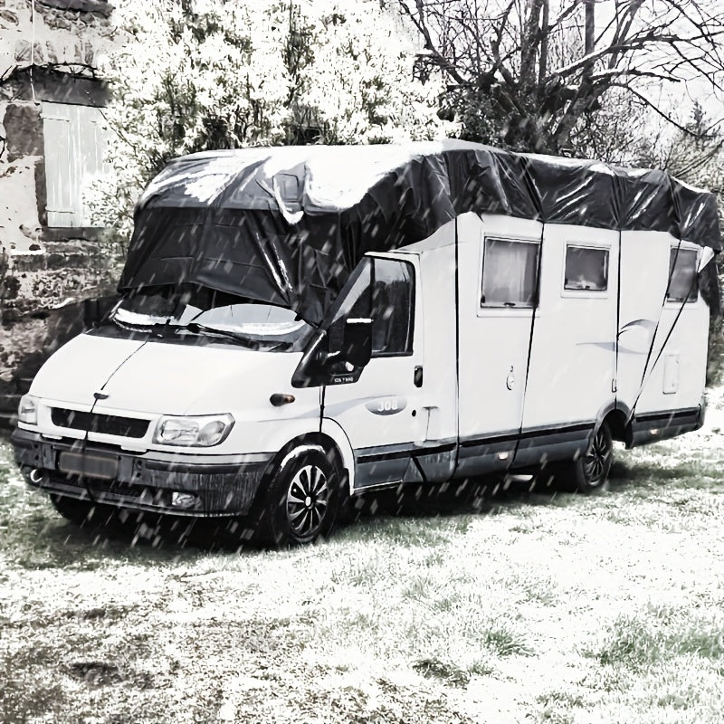 All-Weather RV Cover for Campers, Travel Trailers & Buses - Waterproof, Snow, Frost, Leaf, Rain & Dust Protection with Sun Shield, Lightweight Storage Bag, Adjustable Elastic Band + Hooks for Easy Installation