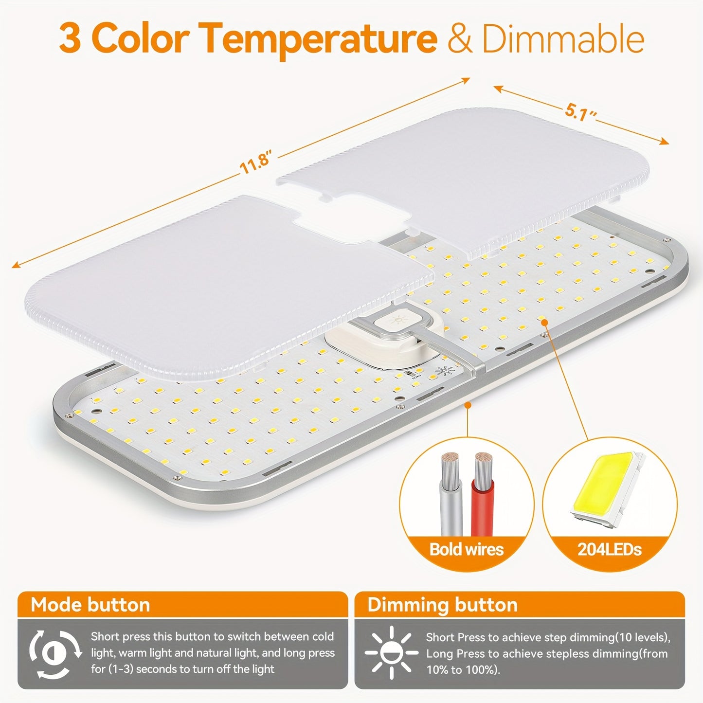 4Pcs RV Lights Interior, 3 Color TEM Camper Lights, 204 LEDs Dimmable 12v Volt Led Lights Fixtures