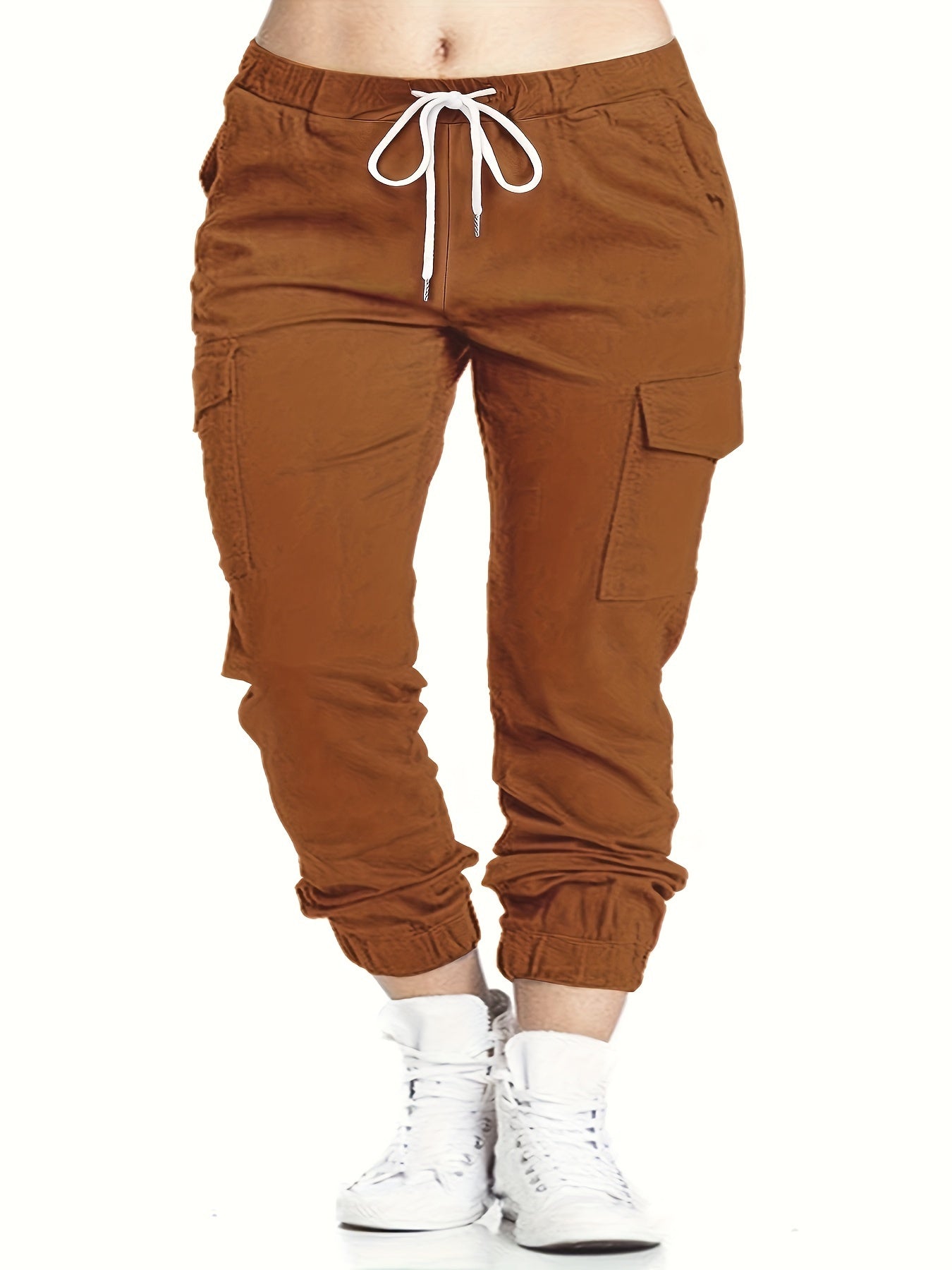 Plus Size Flap Pockets Fitted Bottom Cargo Pants, Drawstring Pants