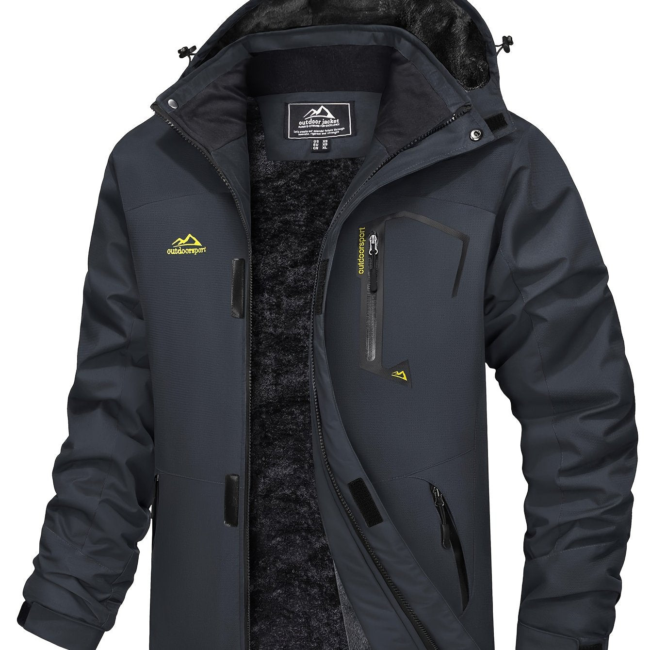 Men Winter Ski Snow Jacket - Multiple Zipper Pockets, Large Storage, Removable Hood, Adjustable Cuffs