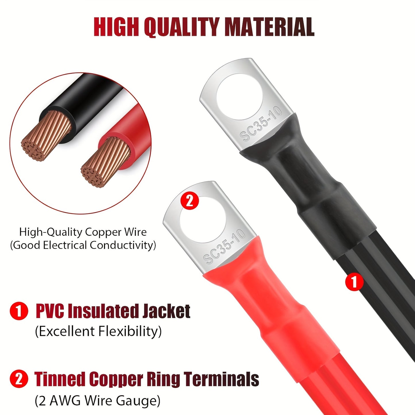 Battery Cable 2AWG, with 3/8" Lugs Terminals Copper Wire