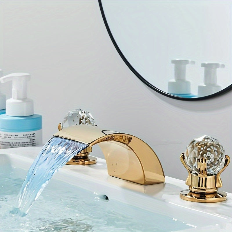 Waterfall Widespread Bathroom Sink Basin Faucet, 3 Hole 2 Handle With LED 8" Widespread LED Bathroom Sink Basin Fauce