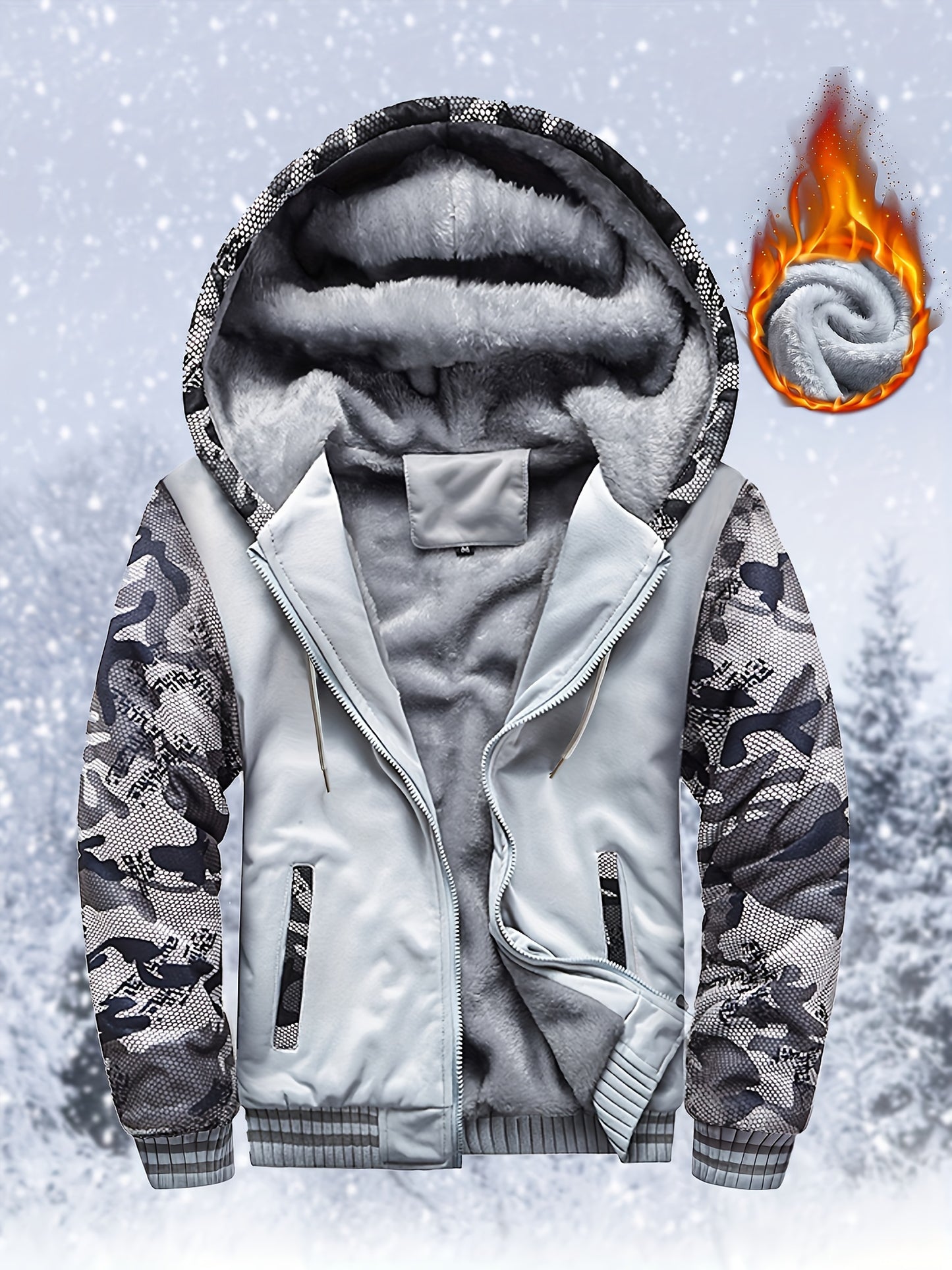 Thick Warm Camo Fleece-Lined Hoodie - Women's Zip-Up Activewear Jacket with Pockets