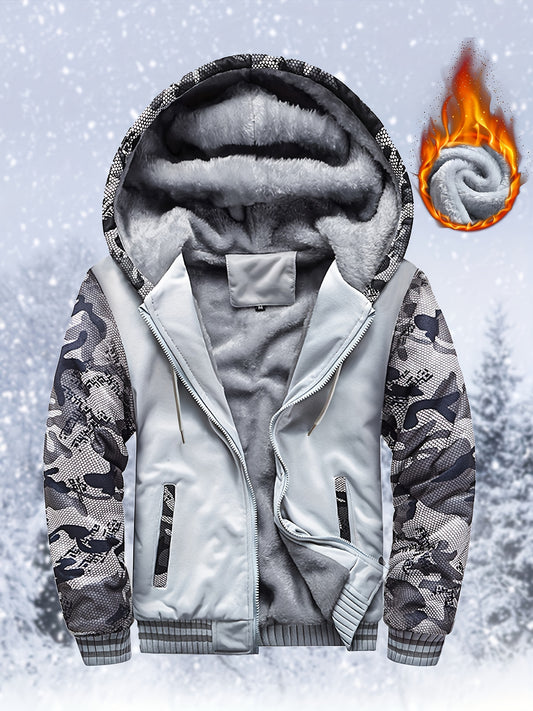 Thick Warm Camo Fleece-Lined Hoodie - Women's Zip-Up Activewear Jacket with Pockets