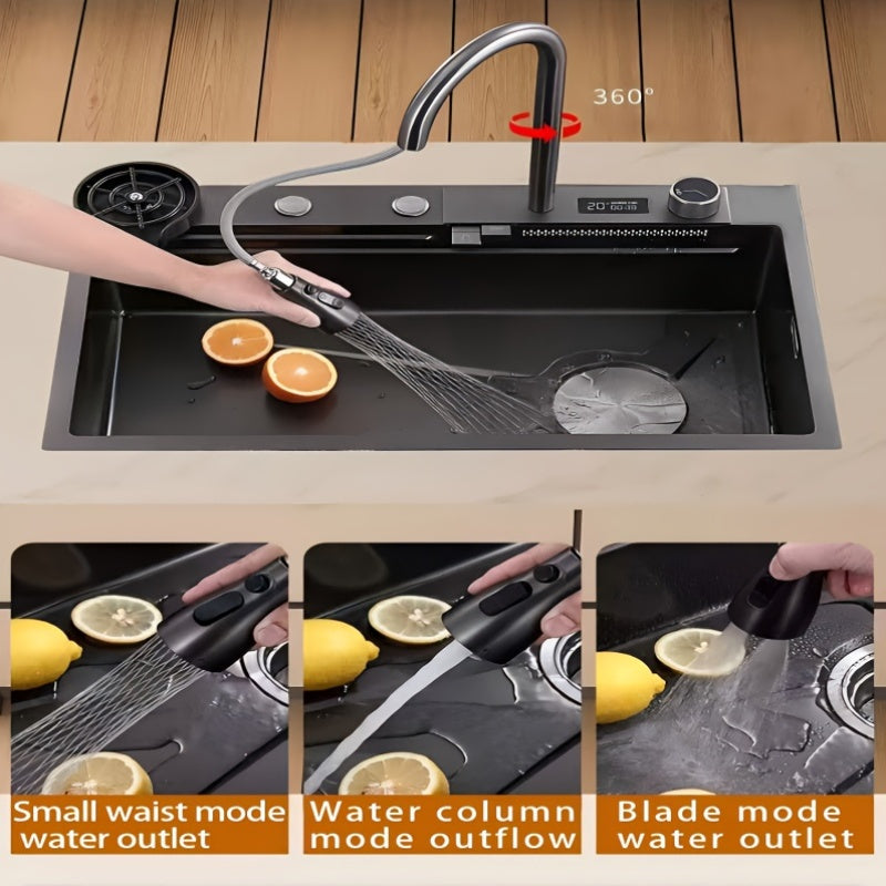 Waterfall Kitchen Sink With Faucet, Sink With LED Display Screen, Top Mounted