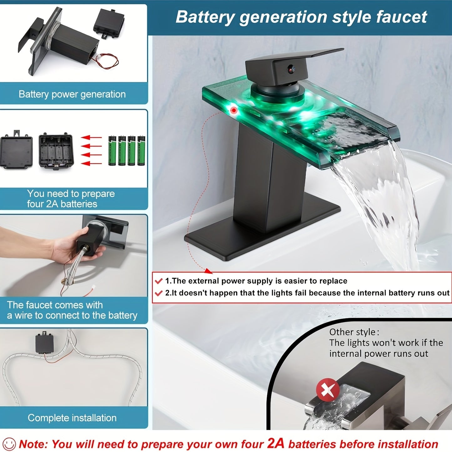 LED Bathroom Sink Faucet, Waterfall Single Handle Hole Bathroom Faucet