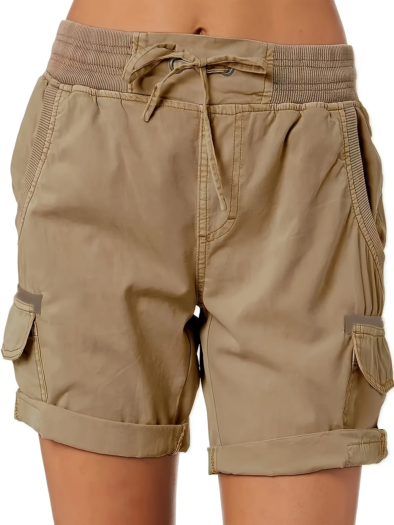 Women's Plus Size Cargo Shorts with Drawstring Waist, Flap Pockets, and Side Slit