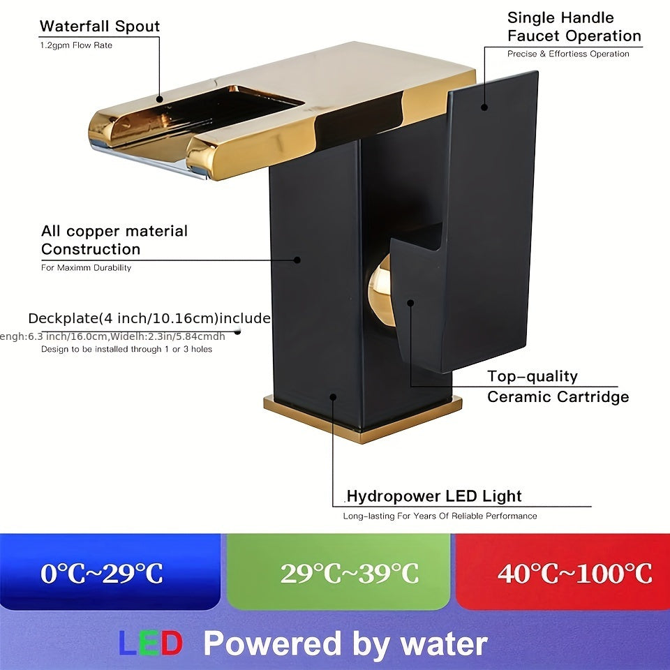 Waterfall Bathroom Faucet Black & Golden Led Light 3 Colors Changing Spout