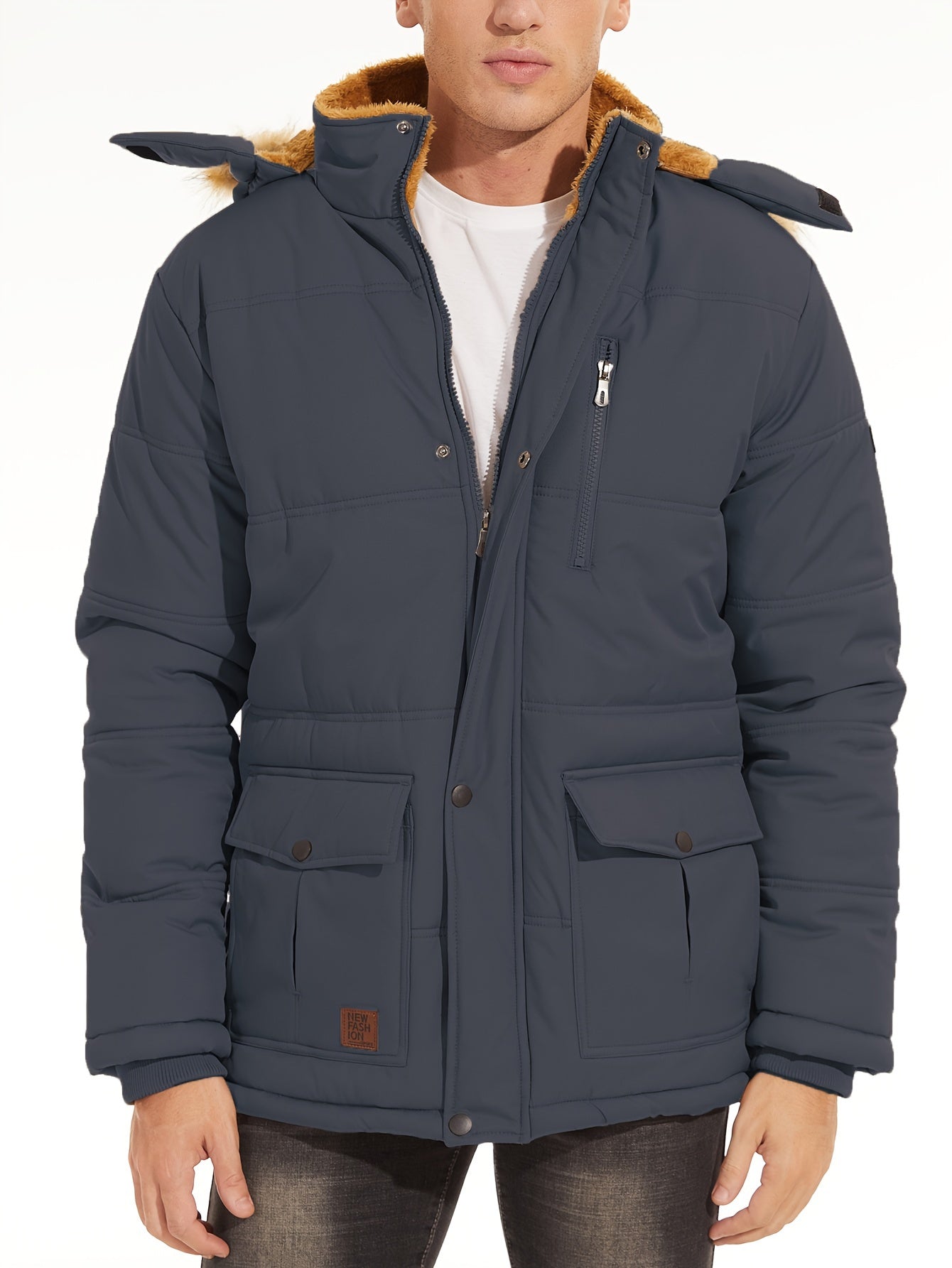 Big And Tall Men's Jacket Winter Full-Zip Fleece Lined Windproof Water-Resistant, Adjustable Hood - 5 Pocket Design Practical Storage Adjustable Cuffs And Hem