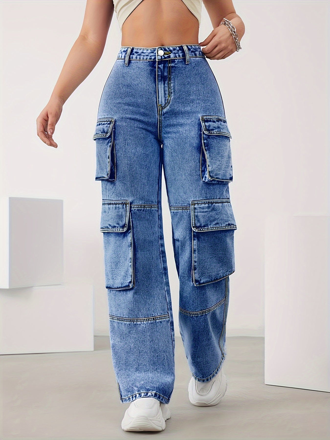 Plus Size High Waist Cargo Jeans - Multi-Pocket Design, High Stretch Denim, All-Season Long Length Pants