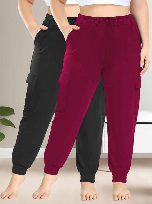 High Stretch 2-Pack Plus Size Drawstring Cargo Pants - With Pockets