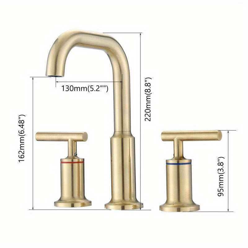 Widespread Bathroom Faucet 3 Hole 2 Handle Vanity Sink Faucet Brushed Golden