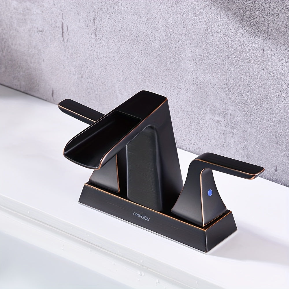 Modern Waterfall Center set Bathroom Sink Faucet - 2-Handle, Brushed Black with Golden Accents