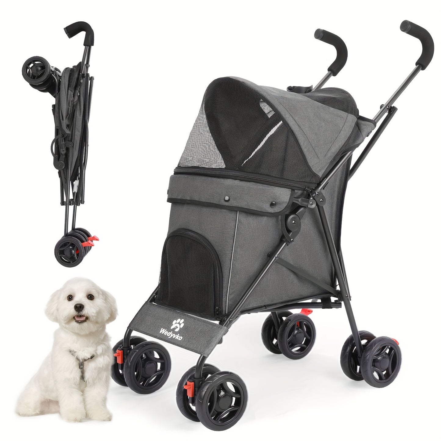 Pet Stroller for Small Dogs Cats, Up to 33 LBS with Storage Basket & Cup Holder, Dark gray