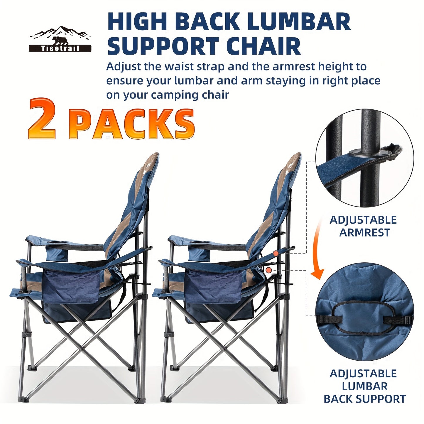 [Portable Camping Chairs] 2pcs High Back Folding Camping Chairs - 400lbs Capacity
