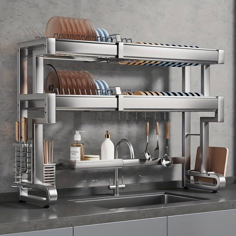 Telescopic 304 Stainless Steel Kitchen Sink Rack, Length Adjustable Cabinet Countertop Sink Dish Storage Rack