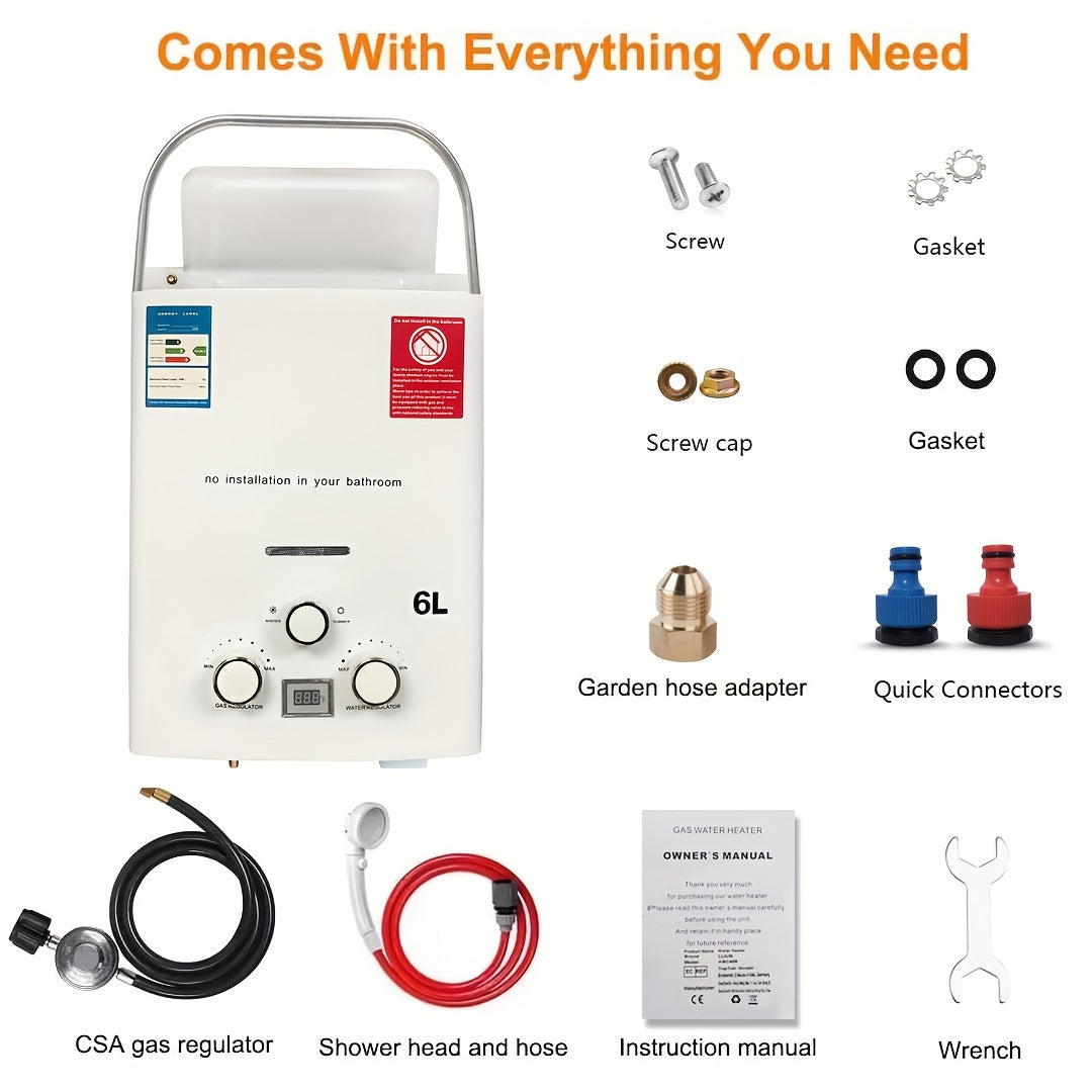 Portable Tankless Water Heater - 6L, 1.58GPM Propane, Overheat Protection