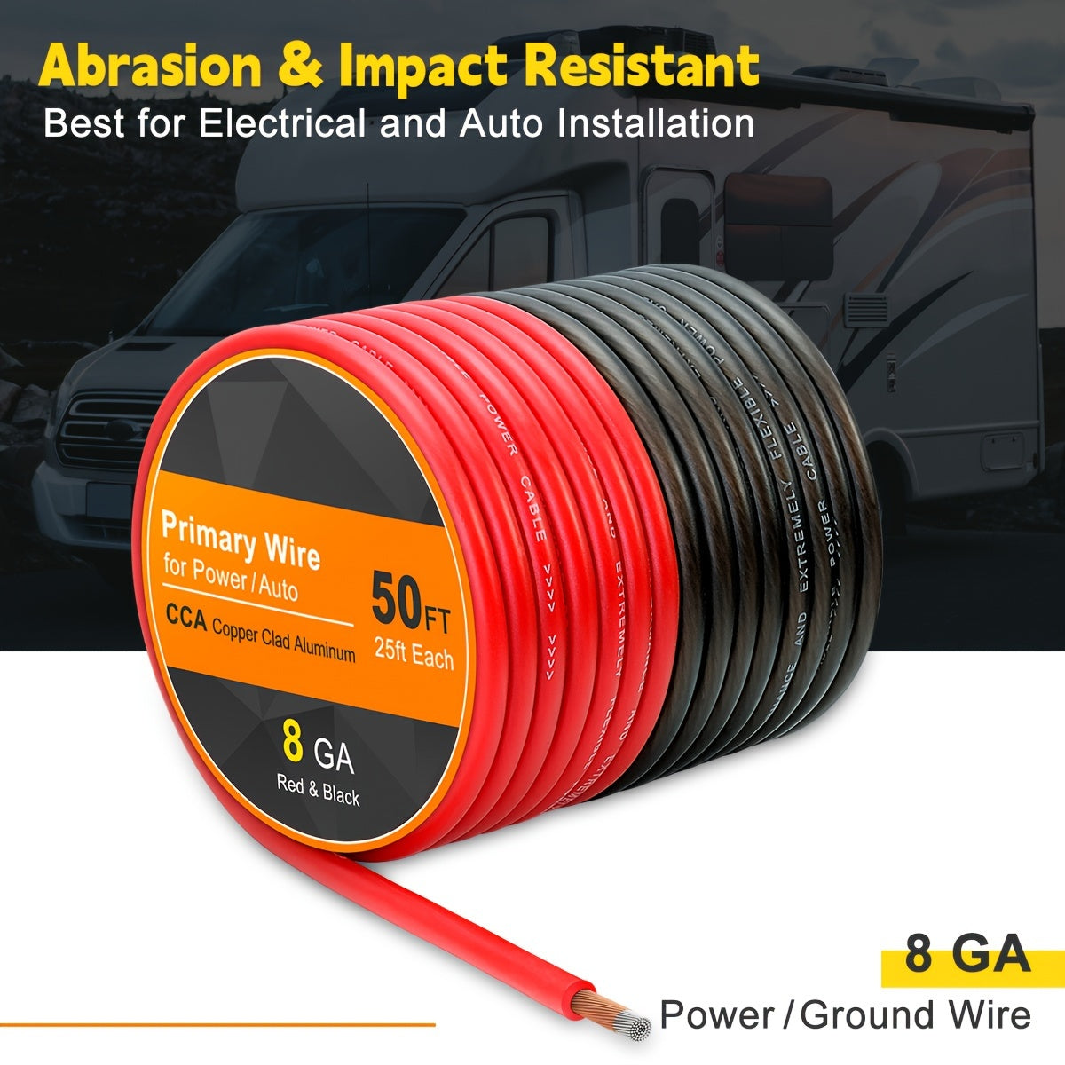 8 Gauge Wire 50ft CCA Wire, (25ft Black+25ft Red) Battery Cable