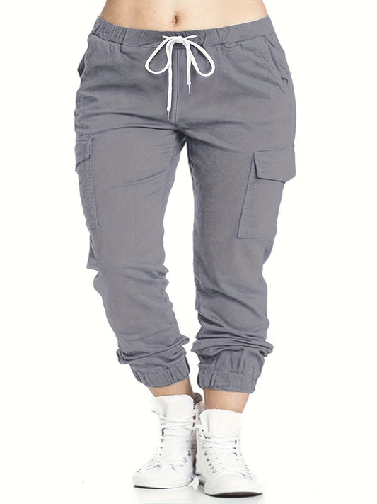 Plus Size Flap Pockets Fitted Bottom Cargo Pants, Drawstring Pants
