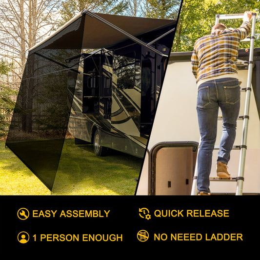 RV Awning Shade Screen With Zipper 14' X 8' - Black Mesh UV Blocker Sun Shade Complete Kits