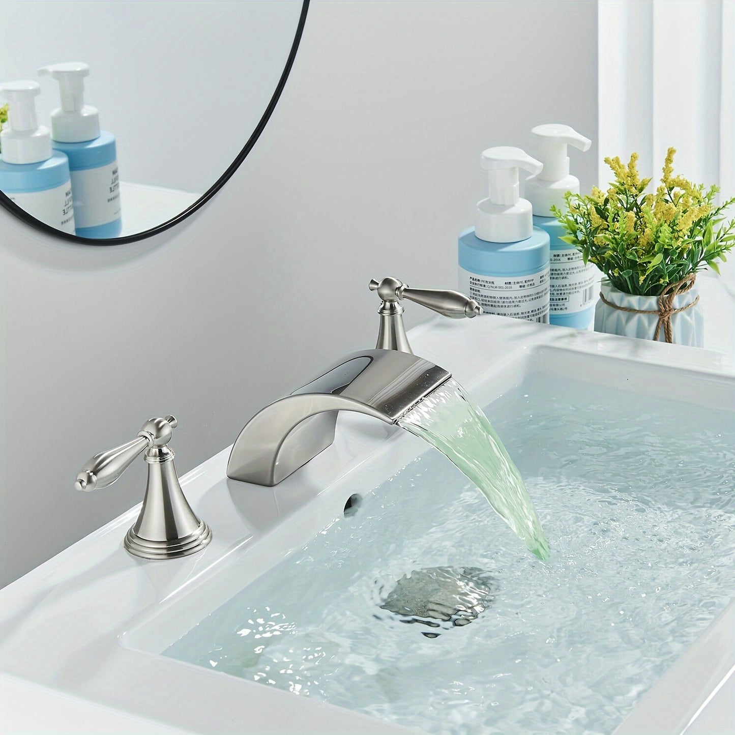 Waterfall Widespread Bathroom Sink Basin Faucet, 3 Hole 2 Handle With LED 8" Widespread LED Bathroom Sink Basin Fauce